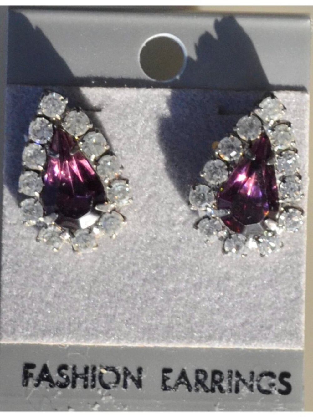 Amethyst and Clear Rhinestone Teardrop Earrings